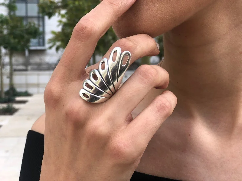 Simple Silver Engagement Rings-Long Silver Ring - Peacock Ring, Leaf Statement Ring