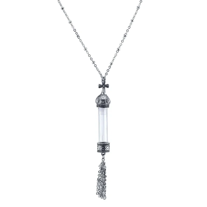 Artistic Necklaces-1928 Jewelry Antiqued Cross Cap Clear Crystal Glass Vial Tassel Necklace 30"