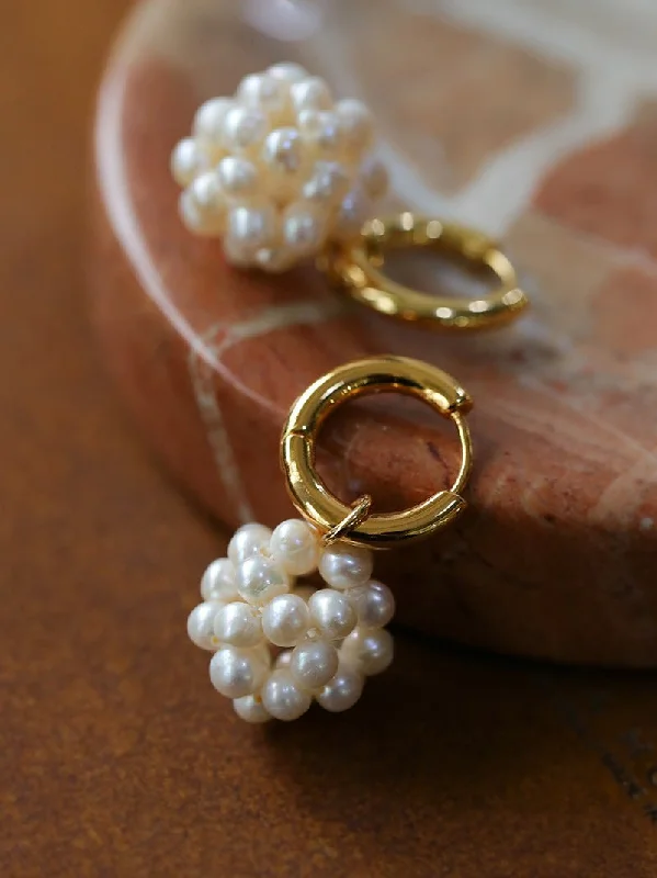 Enamel Hoop Earrings-Handwoven Spherical Pearl Ball Drop Earrings