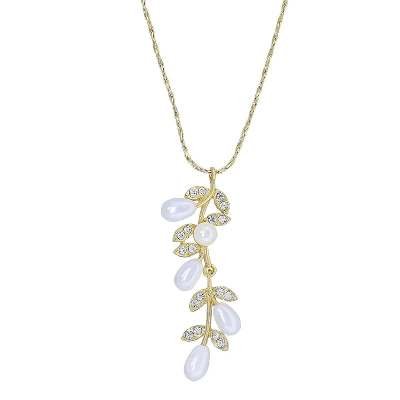 Statement Pendant Necklaces-1928 Jewelry Faux Pearl Drop Crystal Leaves Pendant Necklace 18"