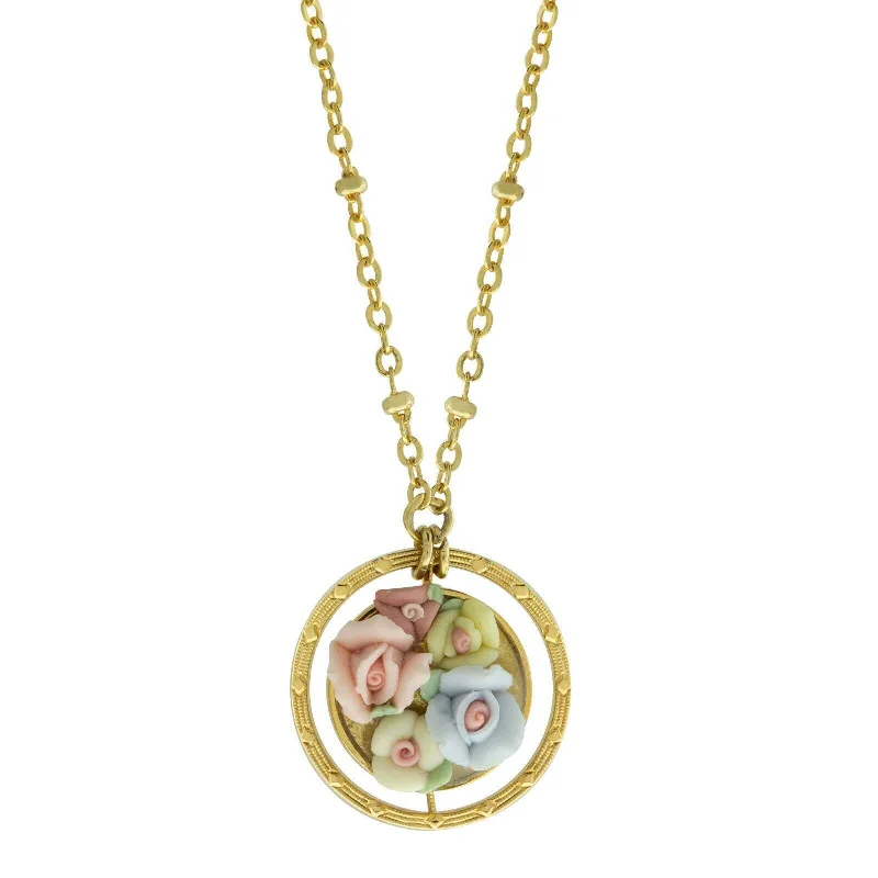 Trendy Fashion Necklaces-1928 Jewelry Multicolor Porcelain Flower Round Drop Necklace 16" + 3" Extender