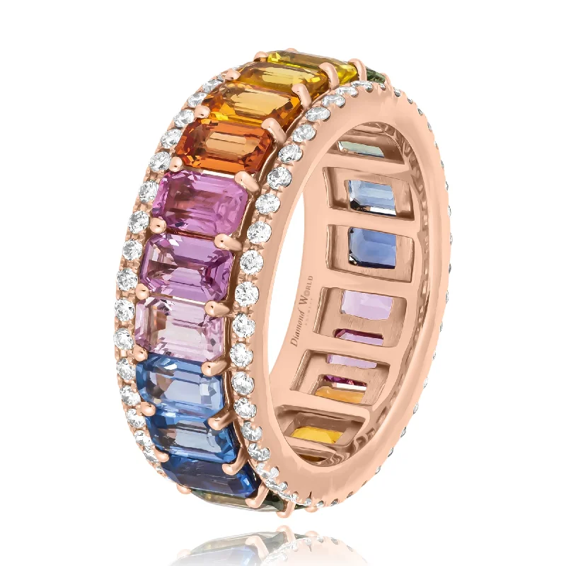 Wedding Rings with Custom Stones-Three Row Multi Colour Sapphires & Diamonds Eternity Ring