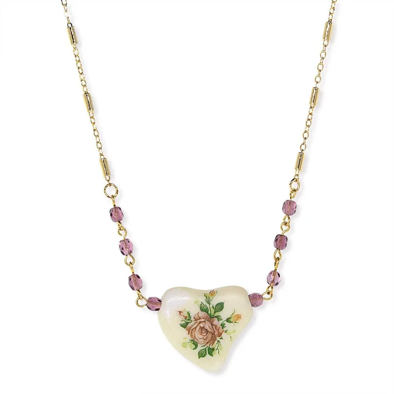 Pendant Chain Necklaces-1928 Jewelry Purple Beaded White Heart With Pink Floral Decal Necklace 16" + 3" Extender