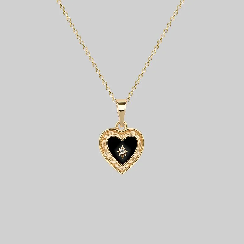 Double Chain Necklaces-SOLEMN. Black Enamel Heart Necklace - Gold