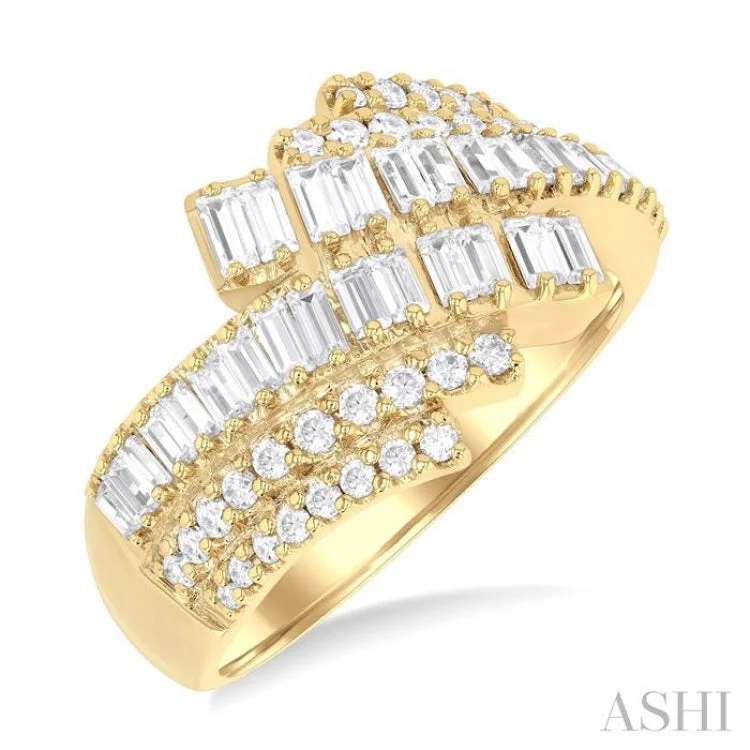 Artistic Wedding Bands-1.00 ctw Triple Row Bypass Fusion Baguette and Round Cut Diamond Fashion Ring in 14K Yellow Gold