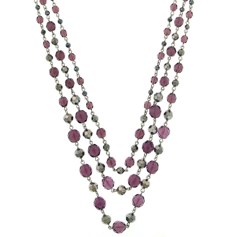 Simple Necklaces-2028 Jewelry Amethyst Purple and Hematite-Color Beaded 3-Strand Necklace 16" + 3" Extender