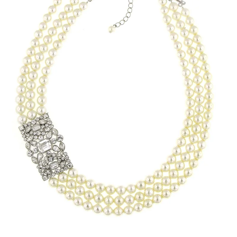 Gold-Plated Necklaces-Antiquities Couture Crystal Three Row 8mm Faux Pearl Strand Necklace 16" + 3" Extender