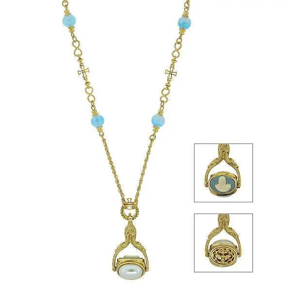 Gold-Plated Necklaces-Symbols Of Faith Triple Spinner Faux Pearl Mary Cameo Blue Bead Pendant Necklace 30"