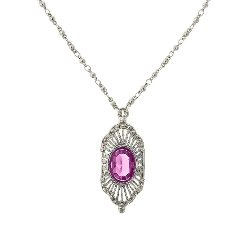 Art Deco Necklaces-2028 Jewelry Fuchsia Pink Stone Faux Marcasite Deco Pendant Necklace 16" + 3" Extender