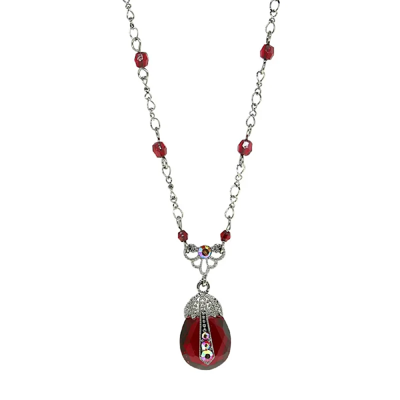 Retro Necklaces-2028 Jewelry Siam Red Teardrop Pendant AB Crystal Accent Red Beaded Black Chain Necklace 16" + 3" Extender