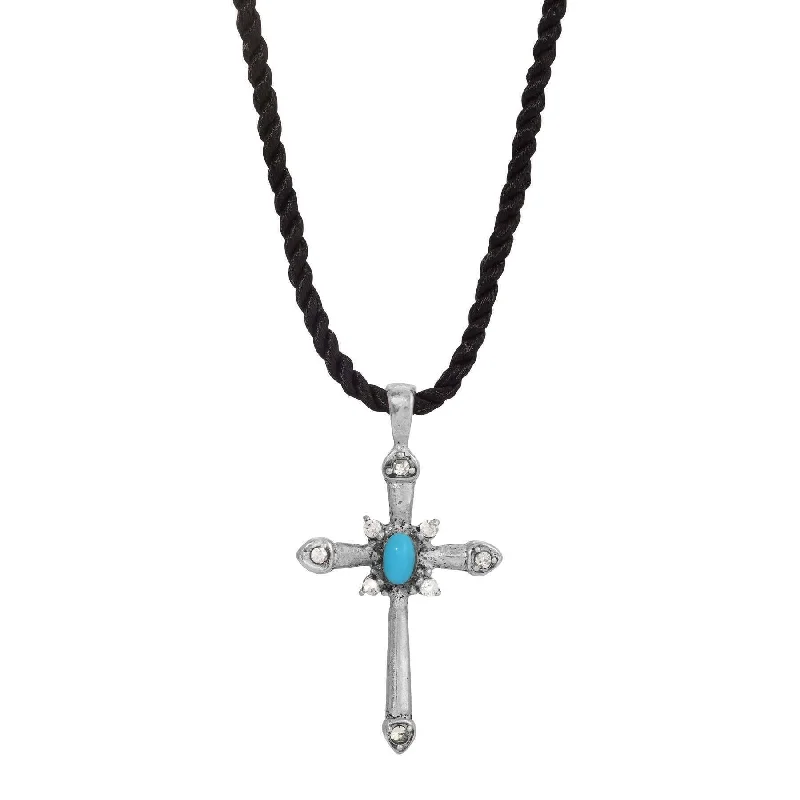 Crystal Choker Necklaces-Symbols Of Faith Twisted Cord Crystal Turquoise Pewter Cross Pendant Necklaces 15"