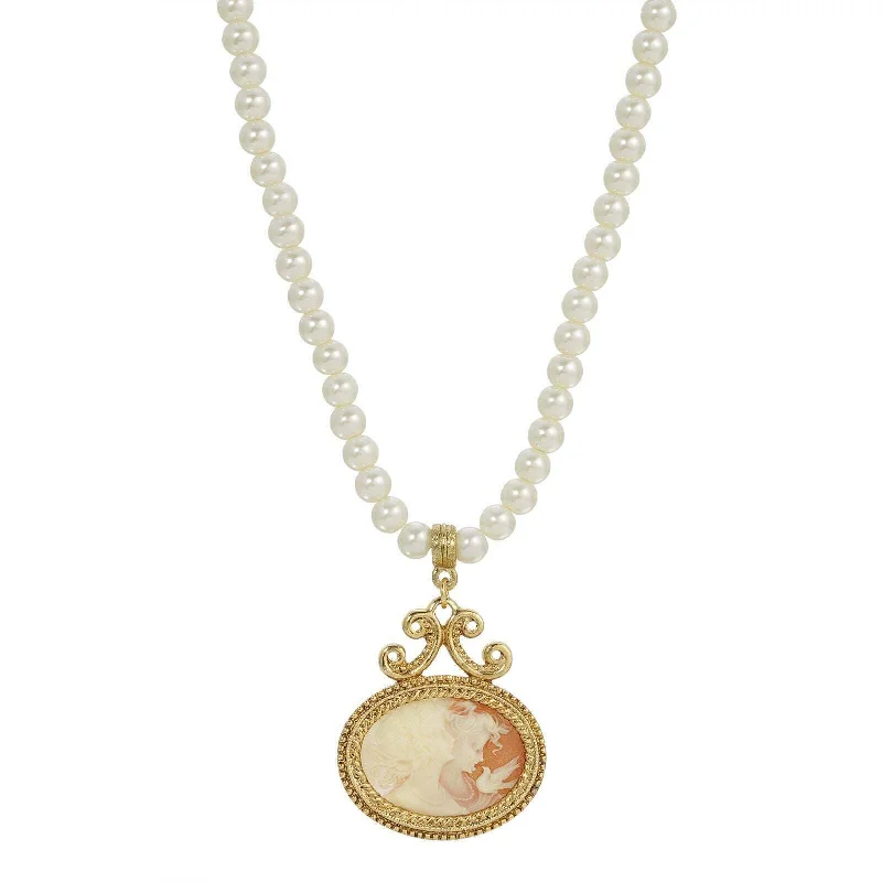 Ruby Necklaces-1928 Jewelry 5mm Faux Pearl Strand Twin Muse And Bird Cameo Pendant Necklace 15" + 3" Extender