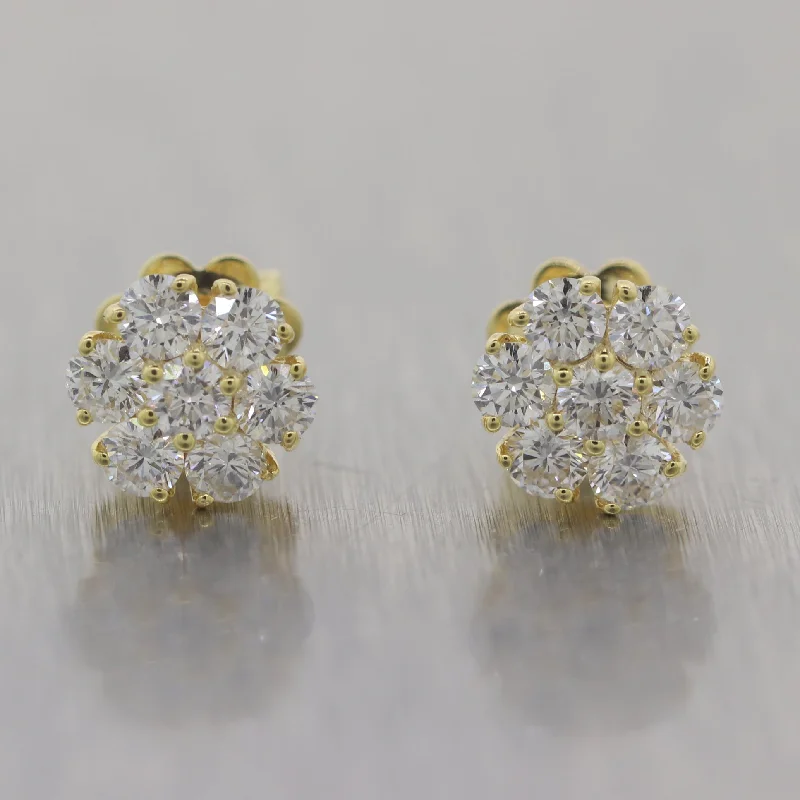 Cute Gold Earrings-Modern 14k Yellow Gold 1.00ctw Diamond Flower Cluster Earrings