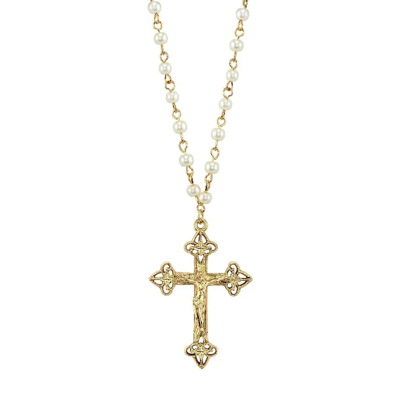 Personalized Heart Necklaces-1928 Jewelry 4mm Faux Pearl Chain Gold Crucifix Cross Pendant Necklace 16" + 3" Extender