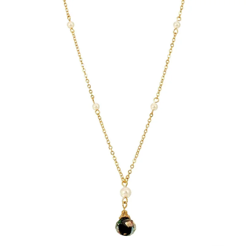 14K Gold Necklaces-1928 Jewelry Faux Pearl And Black Pink Bel Fiore Drop Necklace 16" + 3" Extender