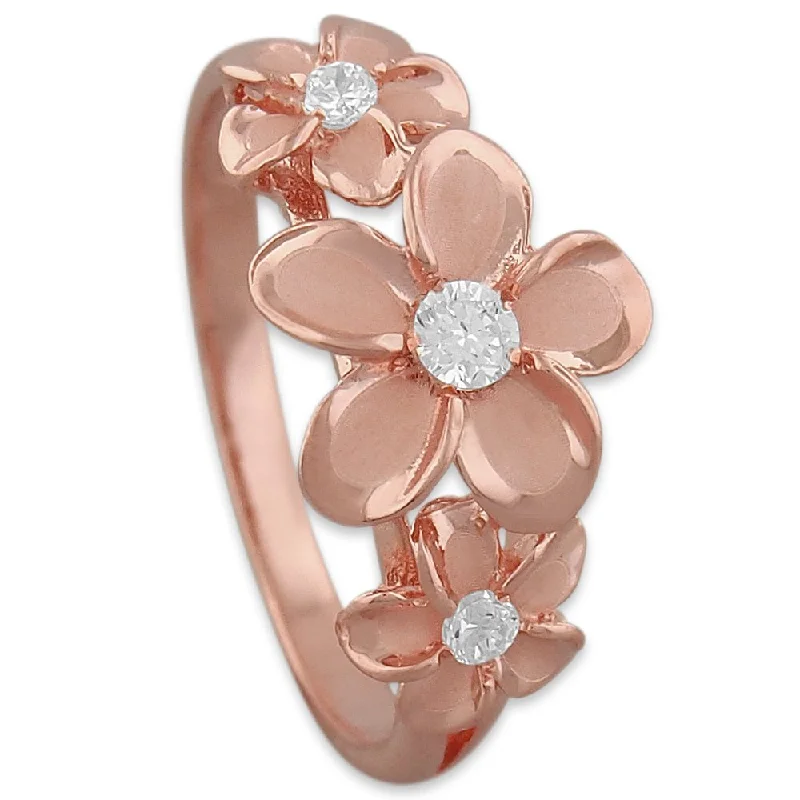 Artistic Engagement Rings-14kt Rose Gold Plated Sterling Silver Hawaiian Three Plumeria Ring