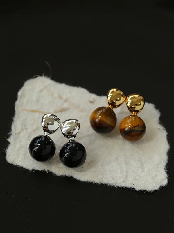 Swarovski Crystal Earrings-Black Agate and Tiger's Eye Drop Earrings