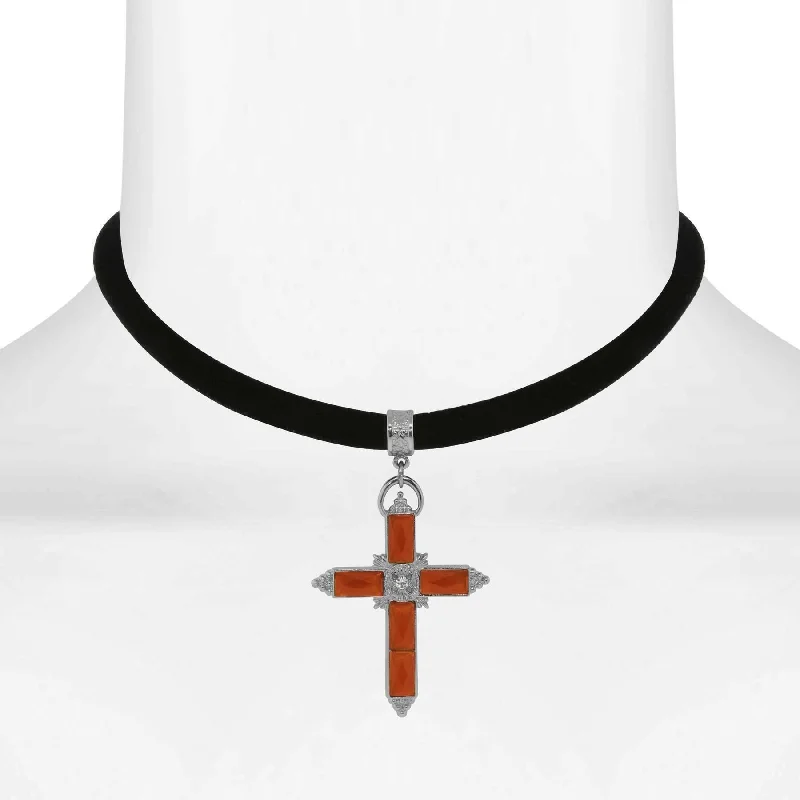 Zodiac Sign Necklaces-1928 Jewelry Austrian Carnelian Red Crystal Cross Black Velvet Choker Necklace 12" + 5" Extender