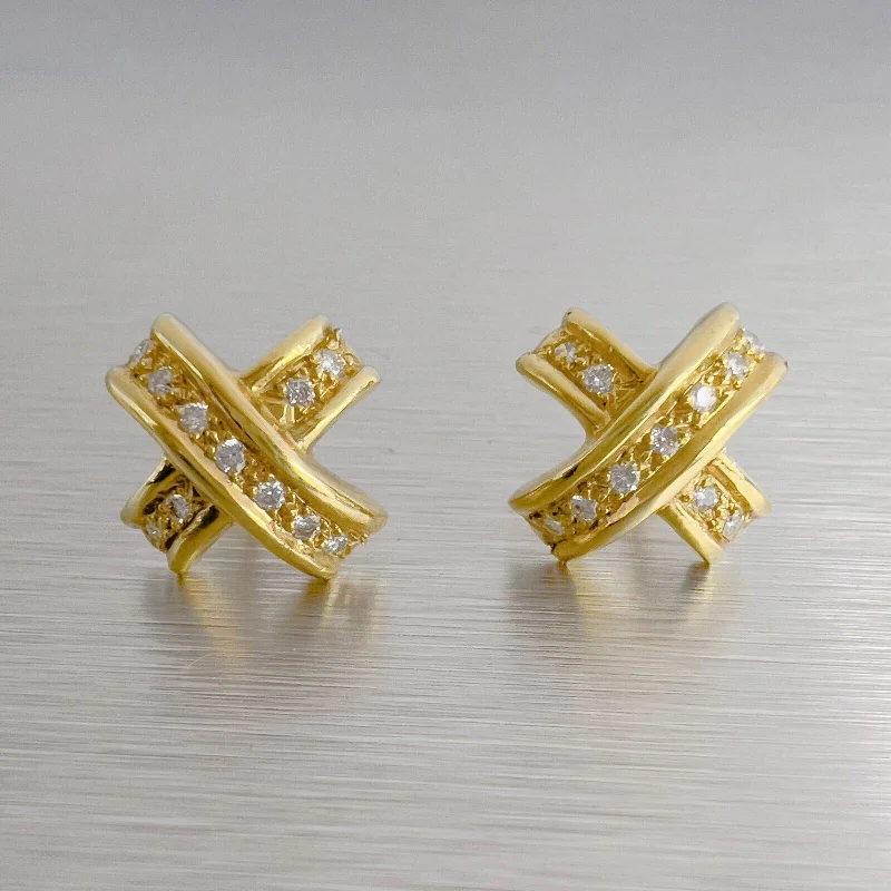 Colorful Stud Drop Earrings-18k Yellow Gold Diamond Curved X Criss Cross Earrings 0.20ctw 5.3g VINTAGE