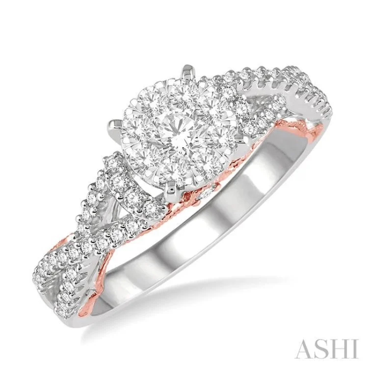 Wedding Rings with Unique Design-5/8 ctw Round Diamond Lovebright Crossover Shank Engagement Ring in 14K White and Rose Gold