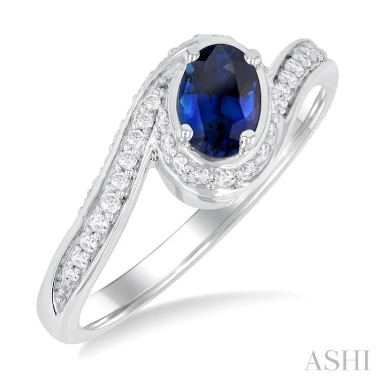 Luxury Wedding Sets-6X4 MM Sapphire Oval Cut and 1/4 ctw Bypass Round Cut Diamond Precious Ring in 10K White Gold