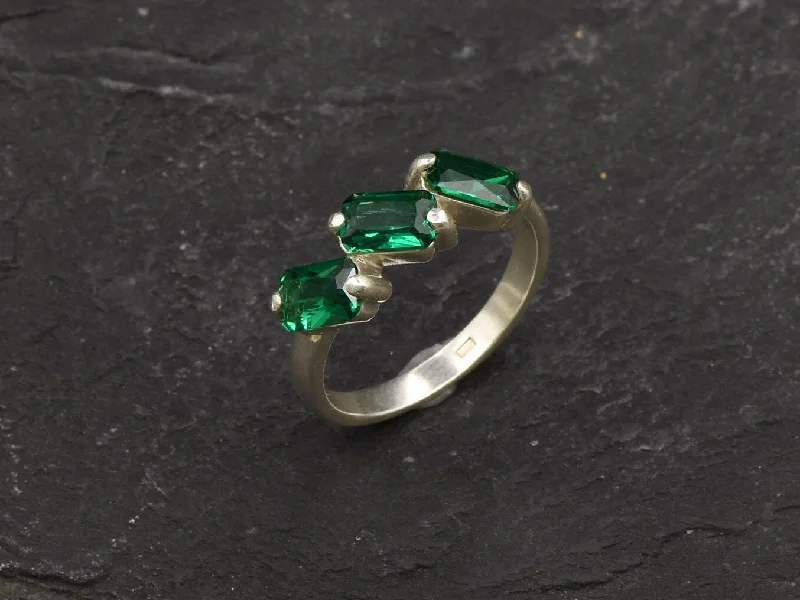 Simple Men’s Wedding Bands-Trilogy Emerald Ring - Green Baguette Band - Cocktail Emerald Ring