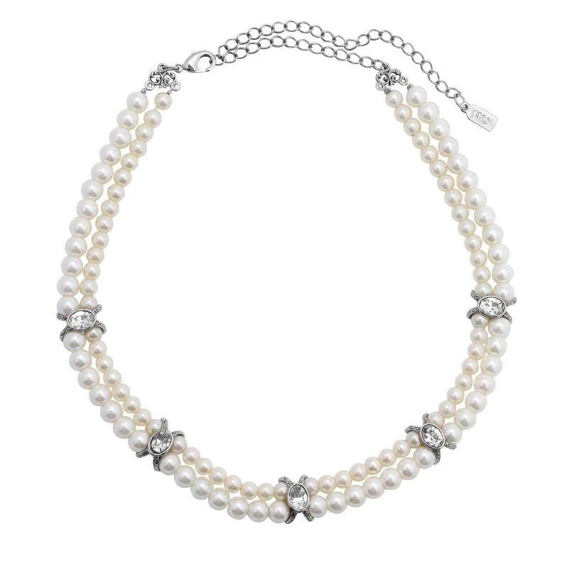 Moon Necklaces-1928 Jewelry Oval Crystal Double 5mm & 6mm Faux Pearl Strand Necklace 13" + 3" Extender