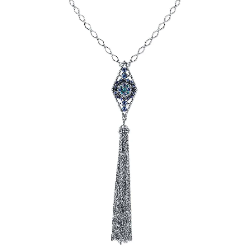 Boutique Necklaces-1928 Jewelry Multi Blue Crystal Diamond Link Chain Tassel Necklace 26"