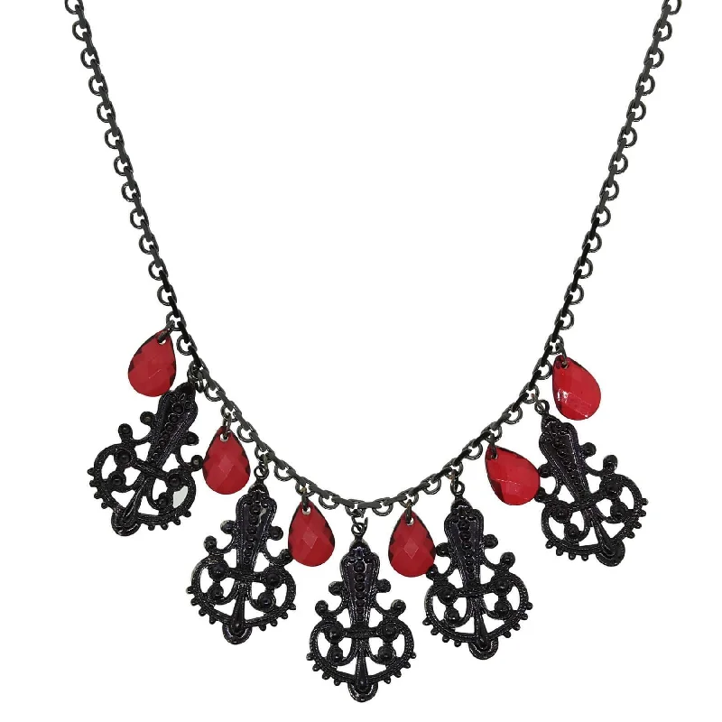 Luxury Custom Necklaces-1928 Jewelry Black Royal Filigree Ornamental Red Briolette Drop Necklace 16" + 3" Extender