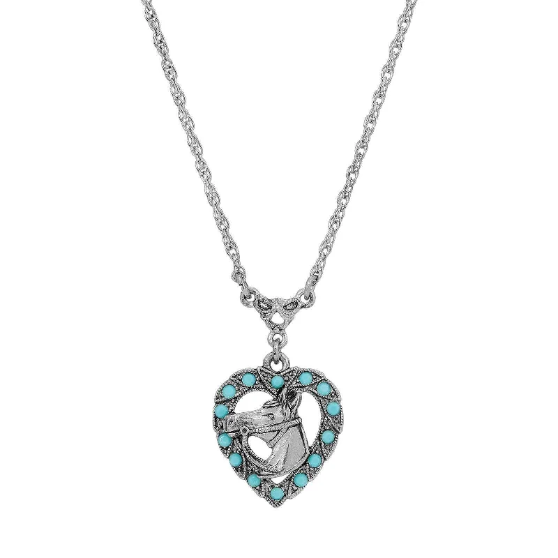 Natural Stone Necklaces-1928 Jewelry Heart Horse Head Turquoise Crystal Pendant Necklace 16"