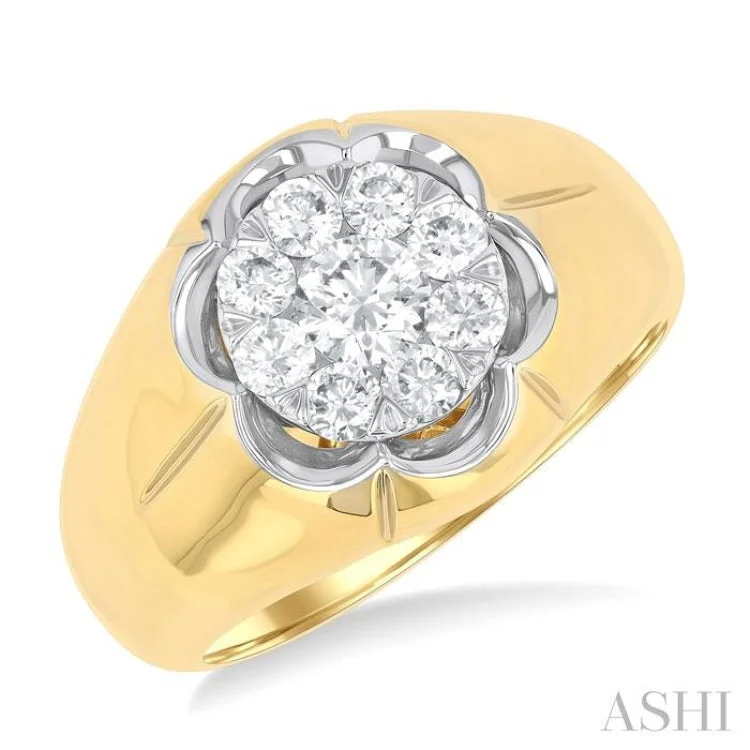 Customizable Engagement Ring Sets-1.00 ctw Floral Center Lovebright Round Cut Diamond Men's Ring in 10K Yellow and White Gold