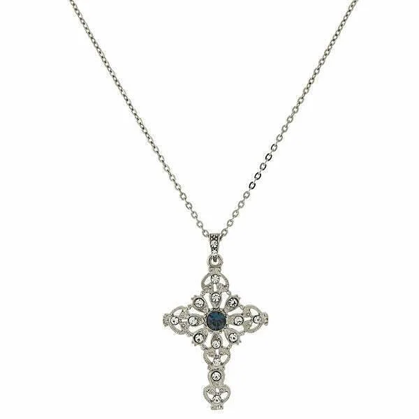 Cute Gold Necklaces-Symbols Of Faith Blue And Crystal Cross Pendant Necklace 16" + 3" Extender