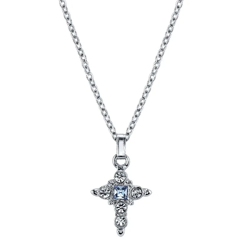 Spiritual Necklaces-Symbols Of Faith Light Blue Crystal Cross Pendant Necklace 16" + 3" Extender