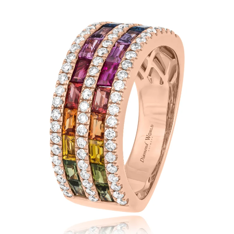 Gemstone Engagement Bands-Five Row Multi Colour Sapphires & Diamonds Ring