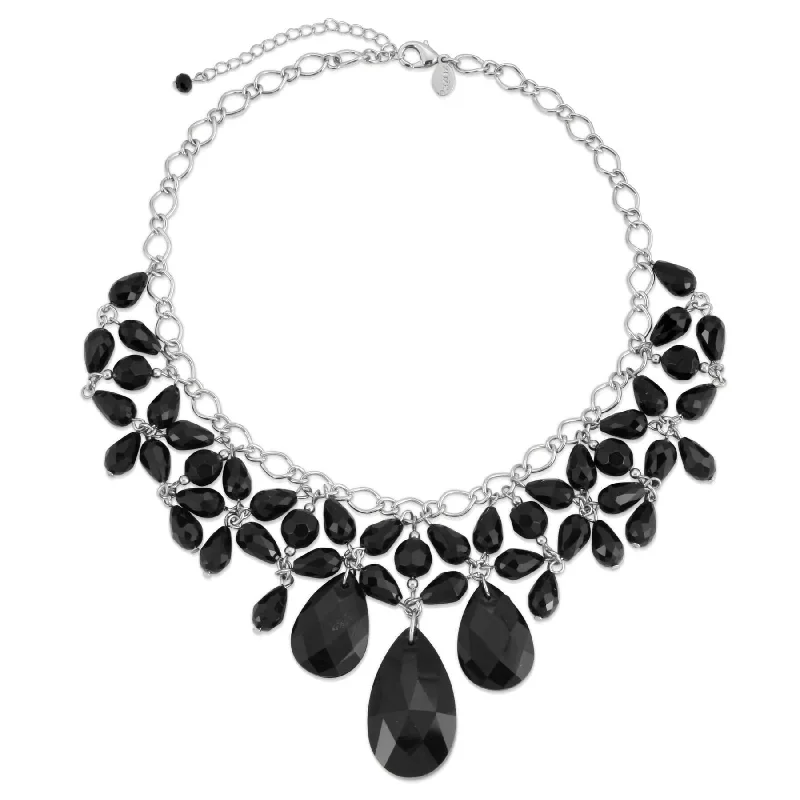 Cross Necklaces-2028 Jewelry Jet Black Briolette Teardrop & Round Beaded Statement Bib Necklace 16" + 3" Extender