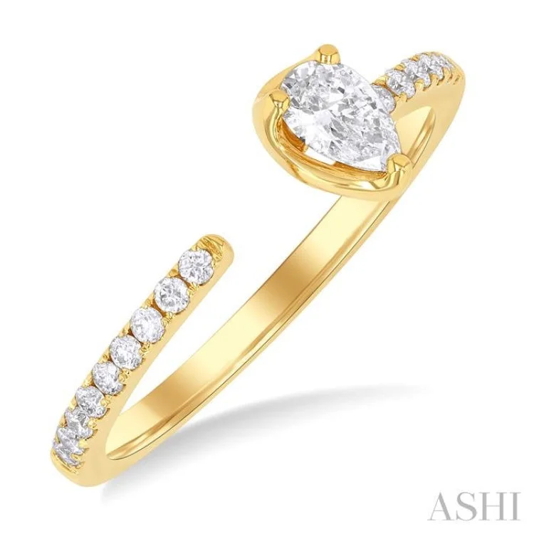 Women’s Wedding Rings-3/8 ctw Pear and Round Cut Diamond Fashion Open Ring in 14K Yellow Gold