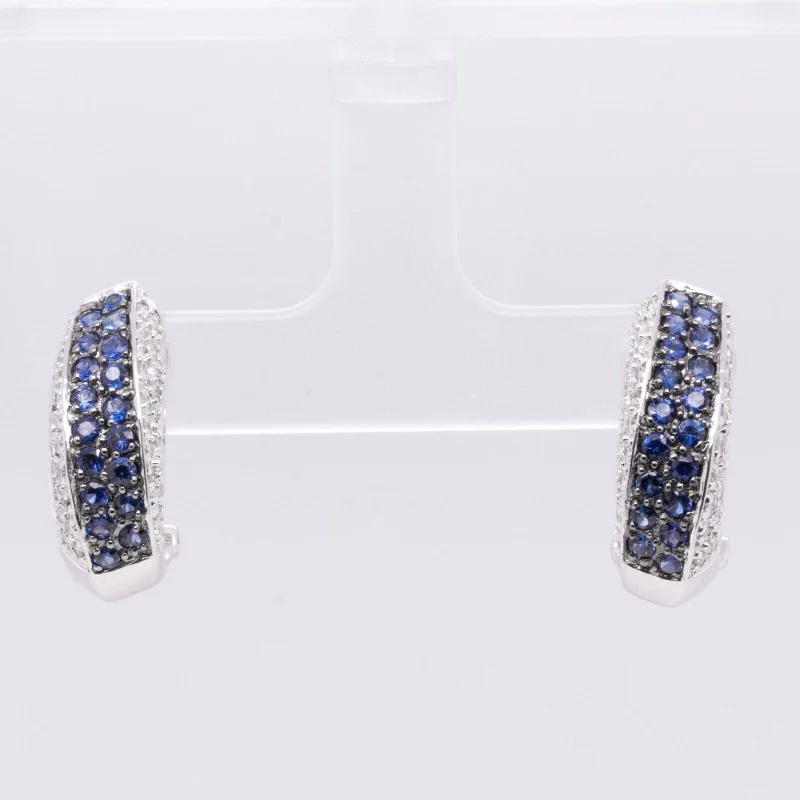 Crystal Hoop Drop Earrings-18k White Gold Pave Diamond Sapphire Curved J-Hoop Earrings 0.50ctw G VS2