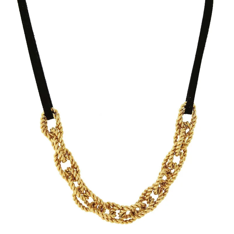 Statement Chain Necklaces-1928 Jewelry Gold Double Parallel Curb Chain Black Suede Necklace 16" + 3" Extender