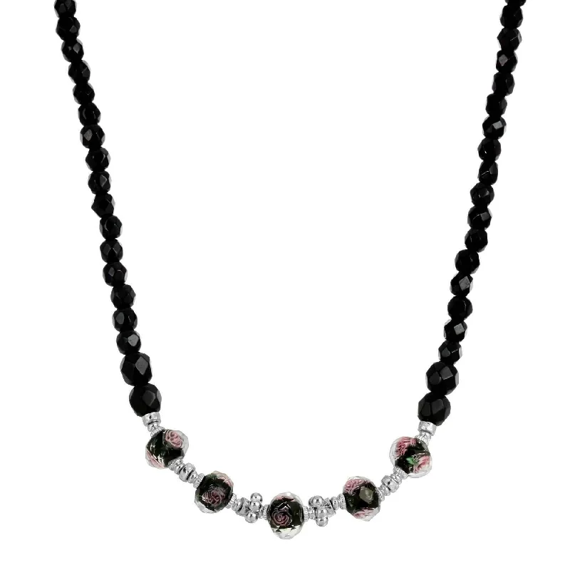 Men's Necklaces-1928 Jewelry Black Floral Beaded Necklace 15" + 3" Extender