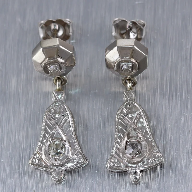 Bright Hoop Earrings-1920's Antique Art Deco 14k White Gold 0.25ctw Diamond Drop Bell Earrings