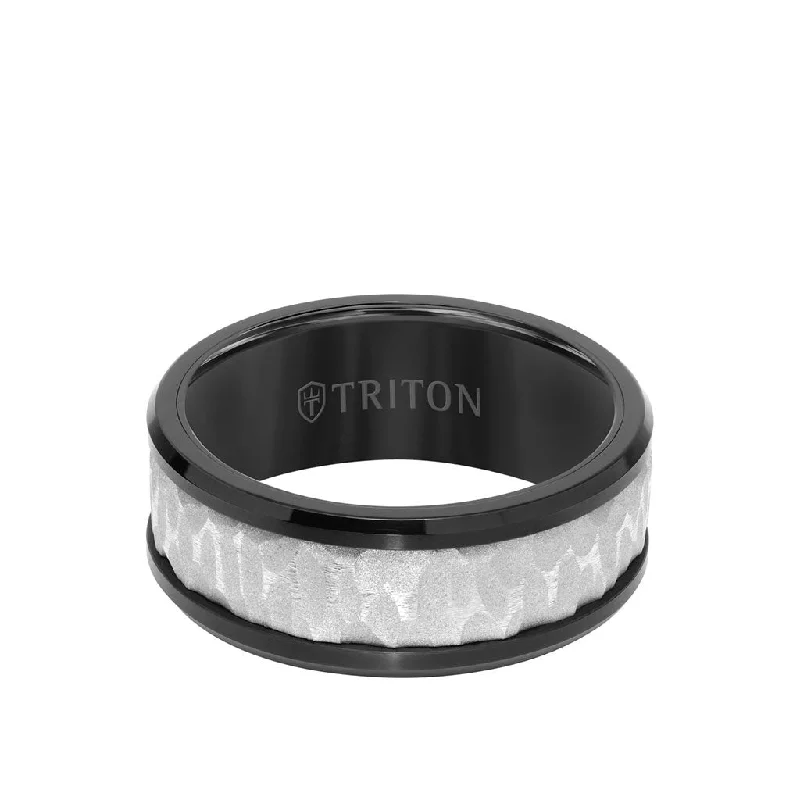 Custom Engagement Rings for Men-9MM Tungsten Carbide Ring - Sandblasted Distressed Center, Bevel Edge & Polished Rims