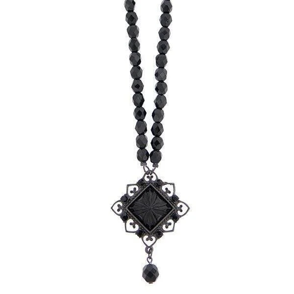 Cute Necklaces-2028 Jewelry Black Square Beaded Pendant Necklace 15" + 3" Extender