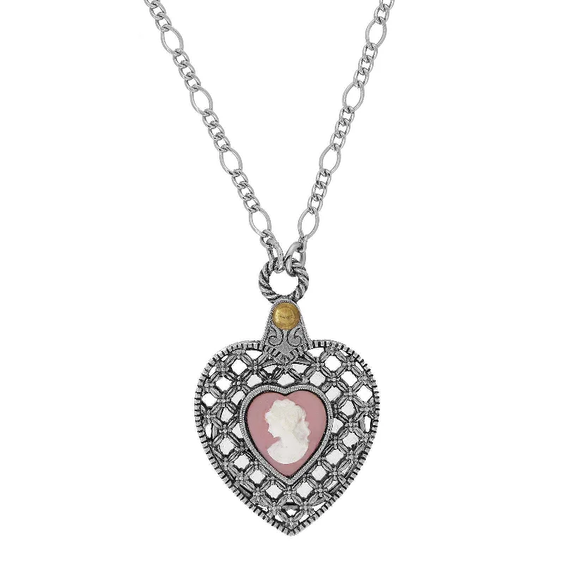 Mixed Metal Necklaces-1928 Jewelry Pink Cameo Antiqued Heart Mirror Pendant Necklace 30"