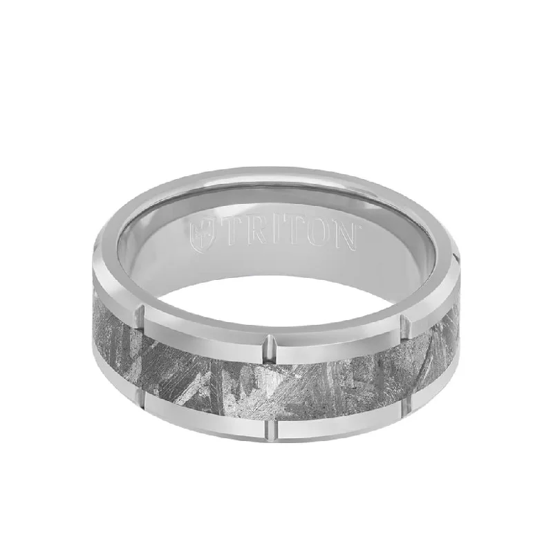 Personalized Signet Rings-8MM Tungsten Carbide Ring - Meteorite Inlay with Link Edge