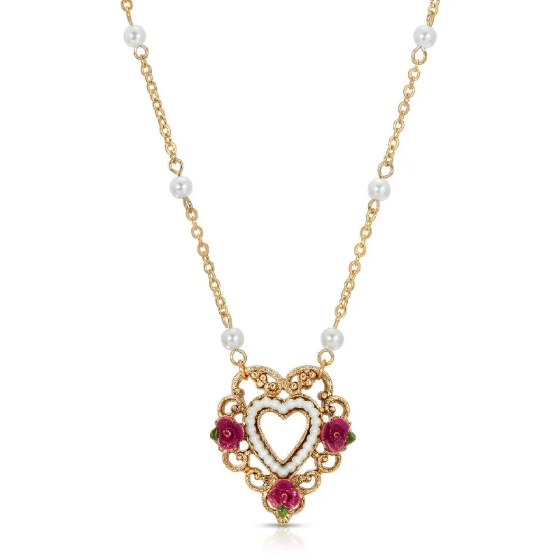 Trendy Pendant Necklaces-1928 Jewelry Pink Enamel Flower Faux Pearl Rimed Open Heart Pendant Necklace 16"