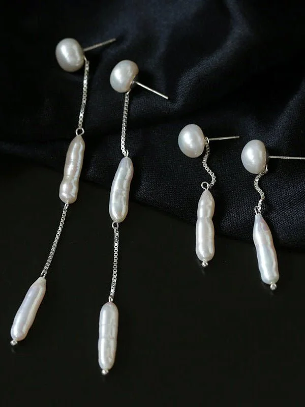 Trendy Hoop Gemstone Earrings-925 Silver Toothpick Dangle Pearl Earrings