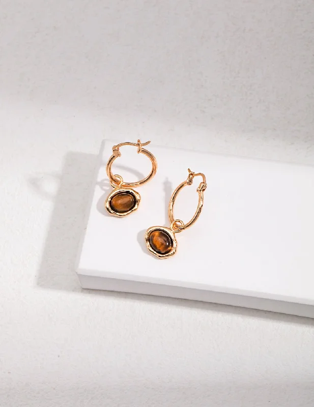 Custom Gemstone Hoop Earrings-S925 Sterling Silver Tiger Eye Stone Hoops Earrings