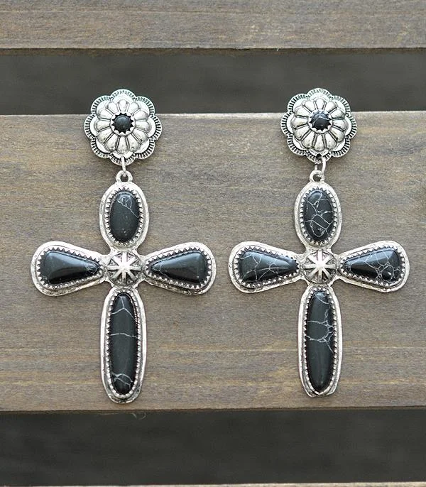 Bright Gold Earrings-Black Stone Cross Earrings