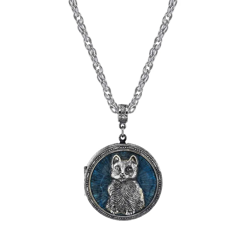 Beaded Necklaces-1928 Jewelry Blue Enamel Cat Locket Necklace 30"