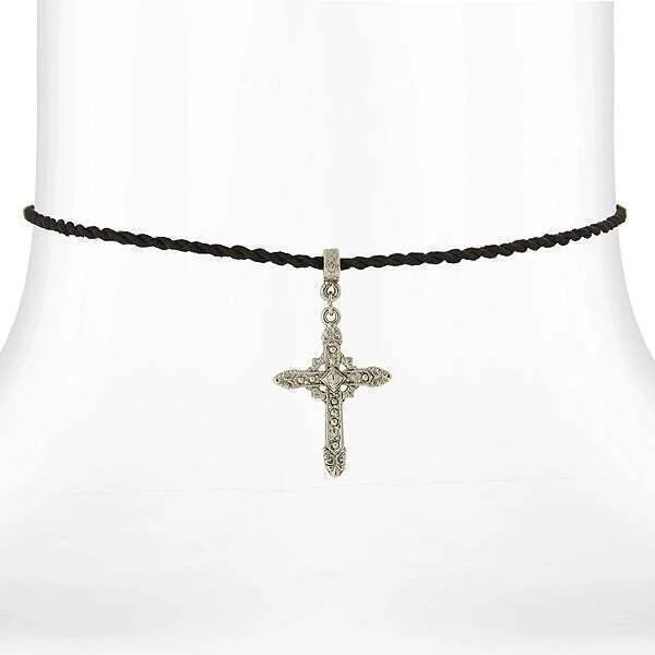 Modern Silver Necklaces-Symbols Of Faith Vintage Style Silver Cross Pendant Black Rayon Cord Necklace 15" + 3" Extender